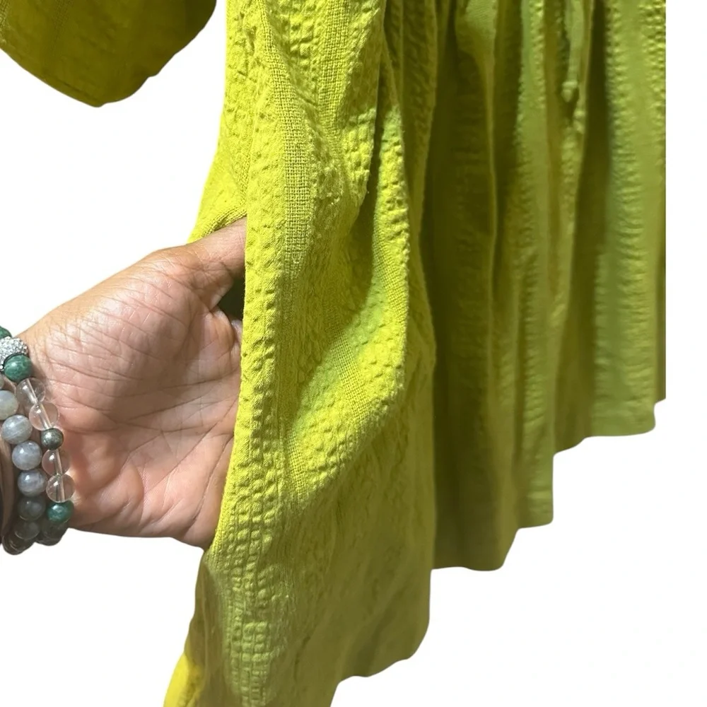 Free People Gigi Blouson Puff Sleeve Tunic Dress Medium Chartreuse Boho Pockets - Picture 6 of 12